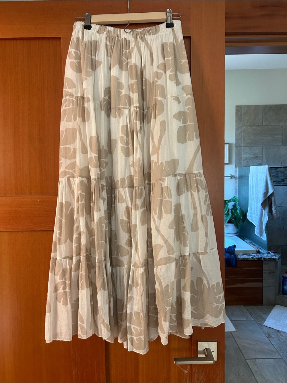 Tiered Maxi Skirt in Cream and Beige Leaf Print
